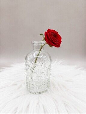 Clear Embossed Glass Bud Vase with Fleur-de-lis Motif